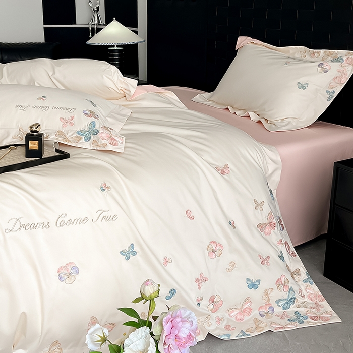 91家纺网 家纺一手货源 找家纺 置顶家纺 2025新款亲肤加厚磨毛刺绣四件套-花不尽 花不尽-白+粉