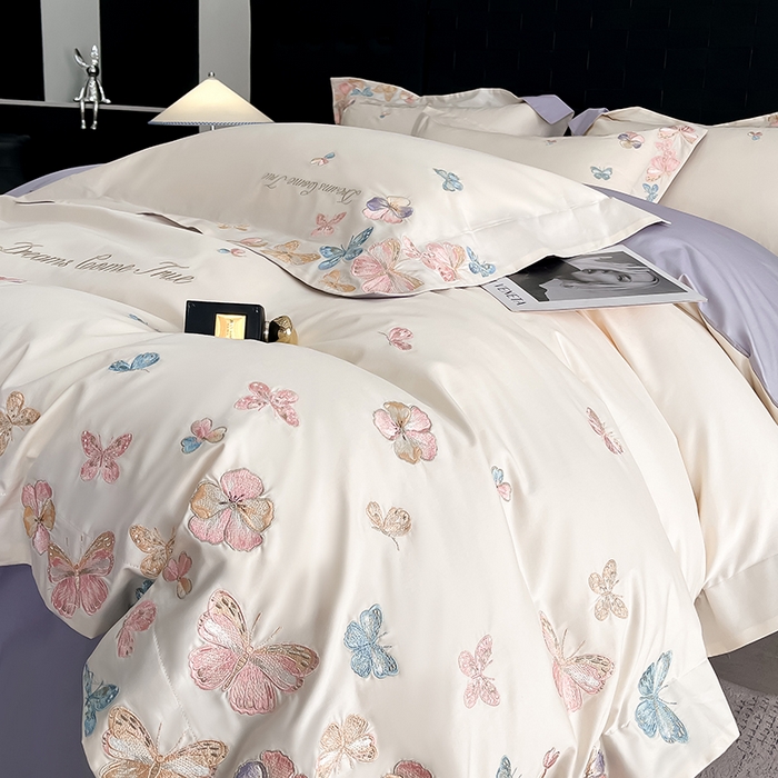 91家纺网 家纺一手货源 找家纺 置顶家纺 2025新款亲肤加厚磨毛刺绣四件套-花不尽 花不尽-白+香芋紫