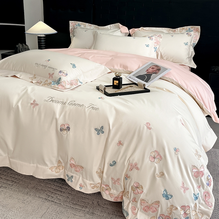 91家纺网 家纺一手货源 找家纺 置顶家纺 2025新款亲肤加厚磨毛刺绣四件套-花不尽 花不尽-白+粉