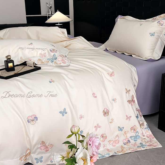 91家纺网 家纺一手货源 找家纺 置顶家纺 2025新款亲肤加厚磨毛刺绣四件套-花不尽 花不尽-白+香芋紫