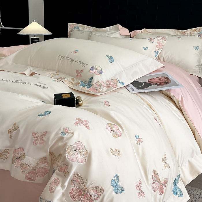 91家纺网 家纺一手货源 找家纺 置顶家纺 2025新款亲肤加厚磨毛刺绣四件套-花不尽 花不尽-白+粉