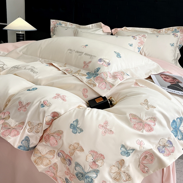 91家纺网 家纺一手货源 找家纺 置顶家纺 2025新款亲肤加厚磨毛刺绣四件套-花不尽 花不尽-白+粉