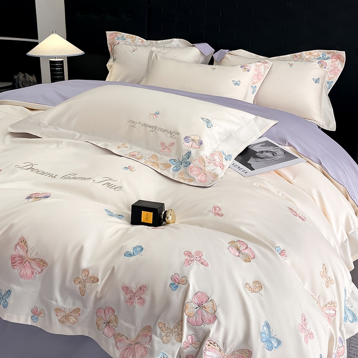 91家纺网 家纺一手货源 找家纺 置顶家纺 2025新款亲肤加厚磨毛刺绣四件套-花不尽 花不尽-白+香芋紫