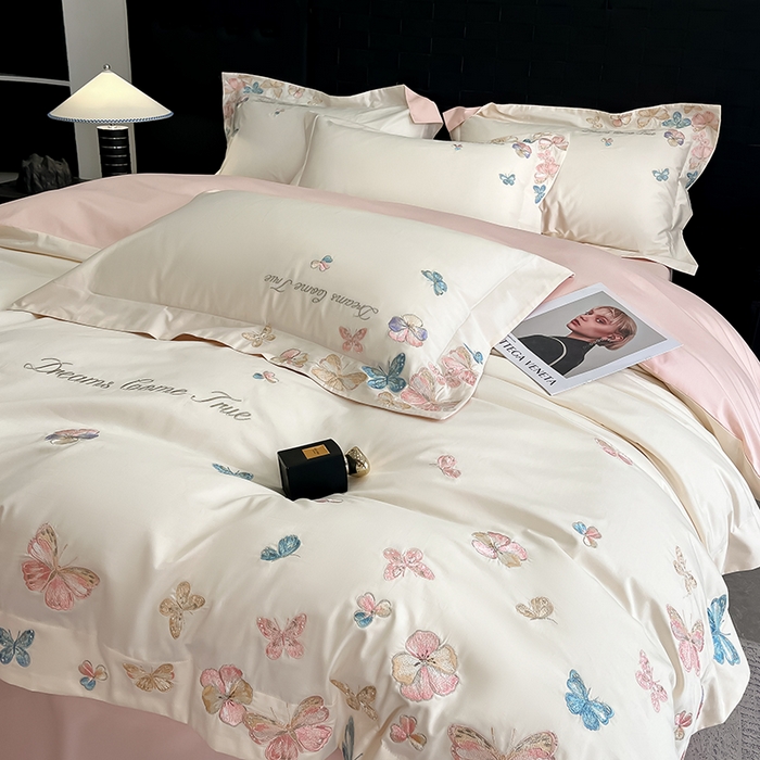 91家纺网 家纺一手货源 找家纺 置顶家纺 2025新款亲肤加厚磨毛刺绣四件套-花不尽 花不尽-白+粉