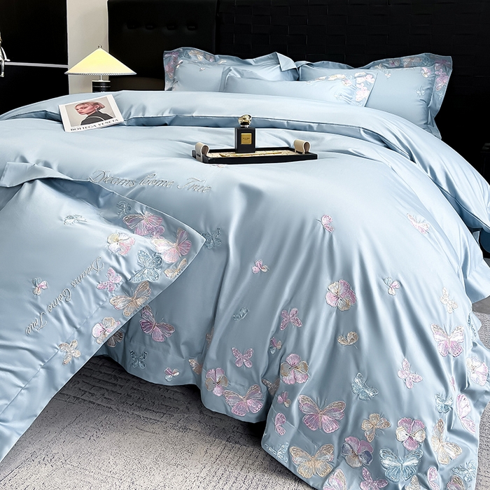 91家纺网 家纺一手货源 找家纺 置顶家纺 2025新款亲肤加厚磨毛刺绣四件套-花不尽 花不尽-天蓝