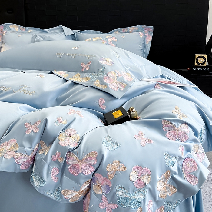 91家纺网 家纺一手货源 找家纺 置顶家纺 2025新款亲肤加厚磨毛刺绣四件套-花不尽 花不尽-天蓝