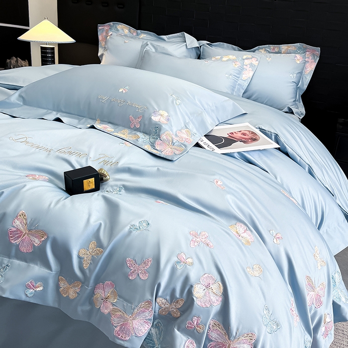 91家纺网 家纺一手货源 找家纺 置顶家纺 2025新款亲肤加厚磨毛刺绣四件套-花不尽 花不尽-天蓝