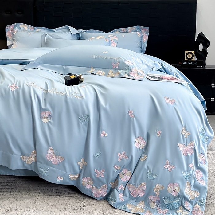 91家纺网 家纺一手货源 找家纺 置顶家纺 2025新款亲肤加厚磨毛刺绣四件套-花不尽 花不尽-天蓝