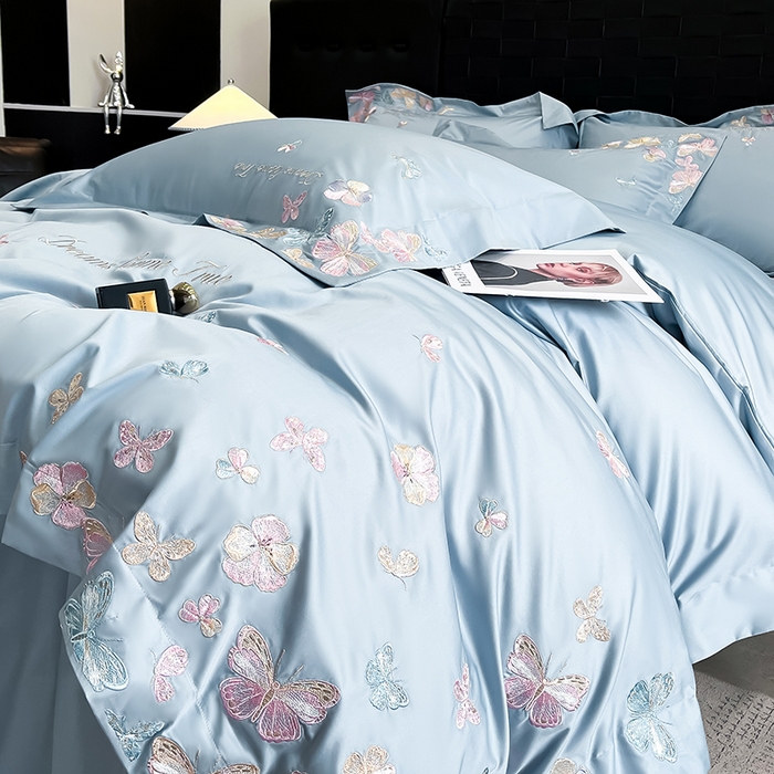 91家纺网 家纺一手货源 找家纺 置顶家纺 2025新款亲肤加厚磨毛刺绣四件套-花不尽 花不尽-天蓝