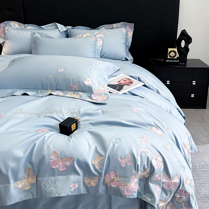 91家纺网 家纺一手货源 找家纺 置顶家纺 2025新款亲肤加厚磨毛刺绣四件套-花不尽 花不尽-天蓝