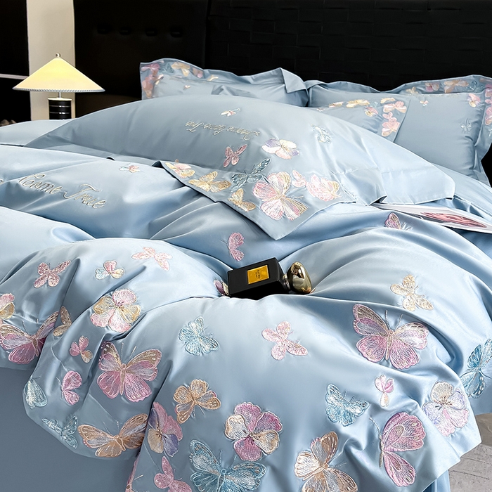 91家纺网 家纺一手货源 找家纺 置顶家纺 2025新款亲肤加厚磨毛刺绣四件套-花不尽 花不尽-天蓝