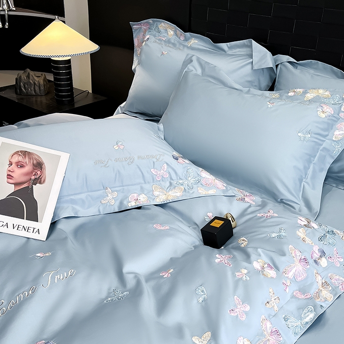 91家纺网 家纺一手货源 找家纺 置顶家纺 2025新款亲肤加厚磨毛刺绣四件套-花不尽 花不尽-天蓝