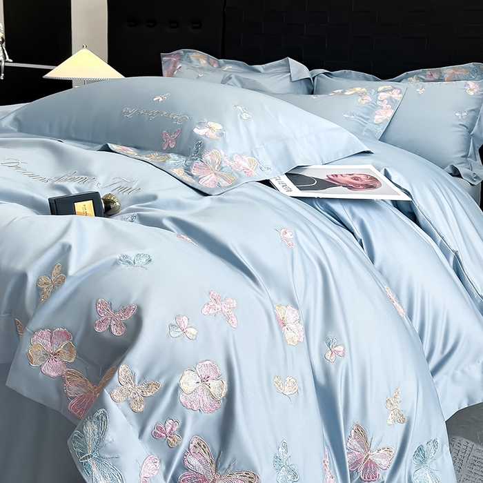 91家纺网 家纺一手货源 找家纺 置顶家纺 2025新款亲肤加厚磨毛刺绣四件套-花不尽 花不尽-天蓝