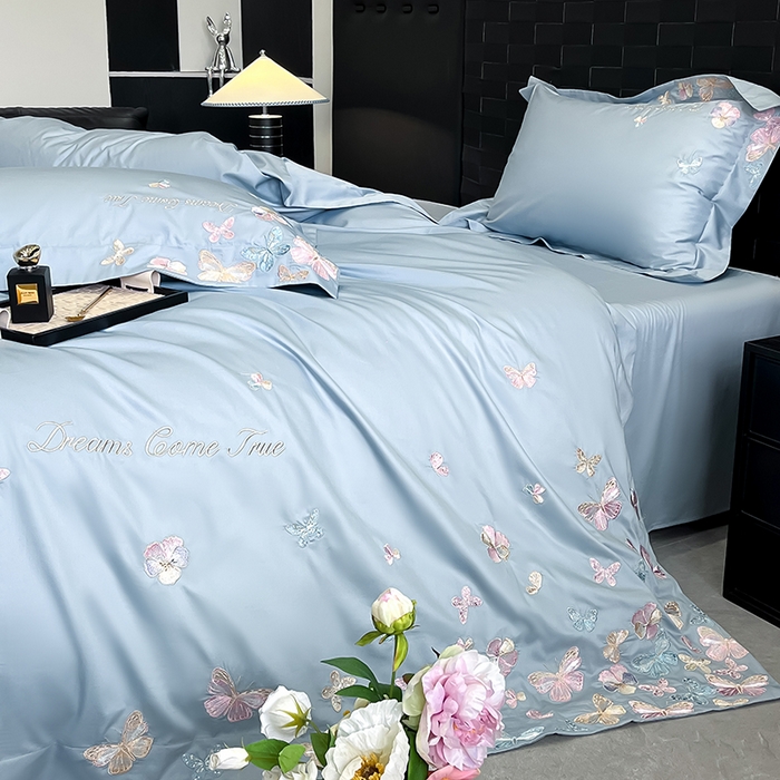 91家纺网 家纺一手货源 找家纺 置顶家纺 2025新款亲肤加厚磨毛刺绣四件套-花不尽 花不尽-天蓝