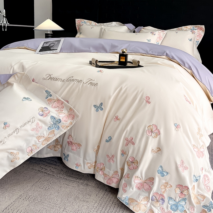 91家纺网 家纺一手货源 找家纺 置顶家纺 2025新款亲肤加厚磨毛刺绣四件套-花不尽 花不尽-白+香芋紫