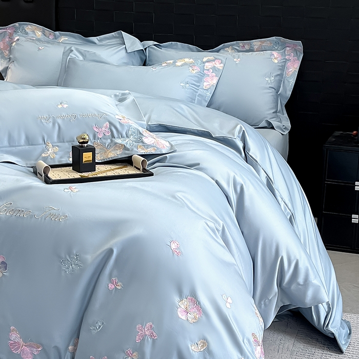 91家纺网 家纺一手货源 找家纺 置顶家纺 2025新款亲肤加厚磨毛刺绣四件套-花不尽 花不尽-天蓝