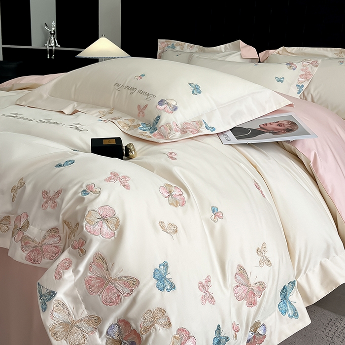 91家纺网 家纺一手货源 找家纺 置顶家纺 2025新款亲肤加厚磨毛刺绣四件套-花不尽 花不尽-白+粉