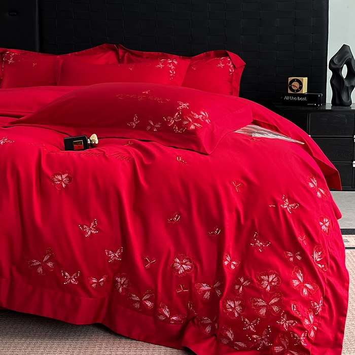 91家纺网 家纺一手货源 找家纺 置顶家纺 2025新款亲肤婚庆绣花四件套-花不尽 花不尽-大红