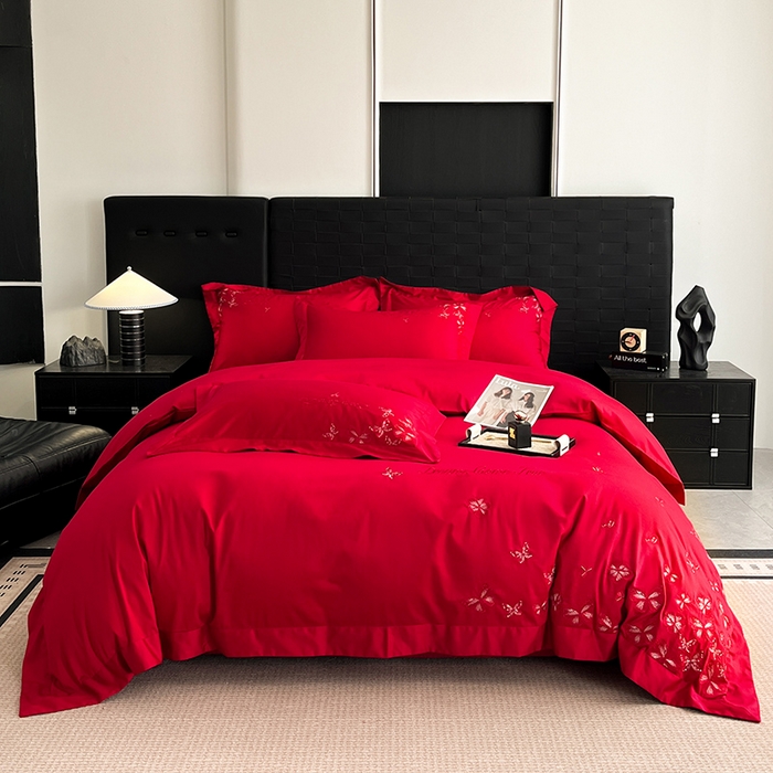 91家纺网 家纺一手货源 找家纺 置顶家纺 2025新款亲肤婚庆绣花四件套-花不尽 花不尽-大红