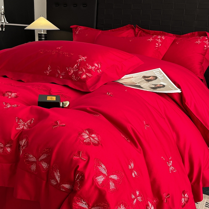 91家纺网 家纺一手货源 找家纺 置顶家纺 2025新款亲肤婚庆绣花四件套-花不尽 花不尽-大红