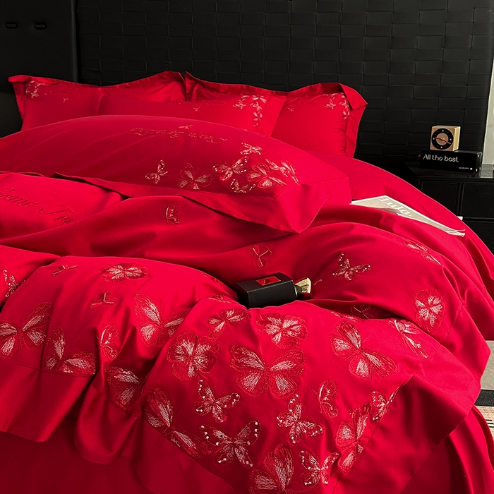 91家纺网 家纺一手货源 找家纺 置顶家纺 2025新款亲肤婚庆绣花四件套-花不尽 花不尽-大红