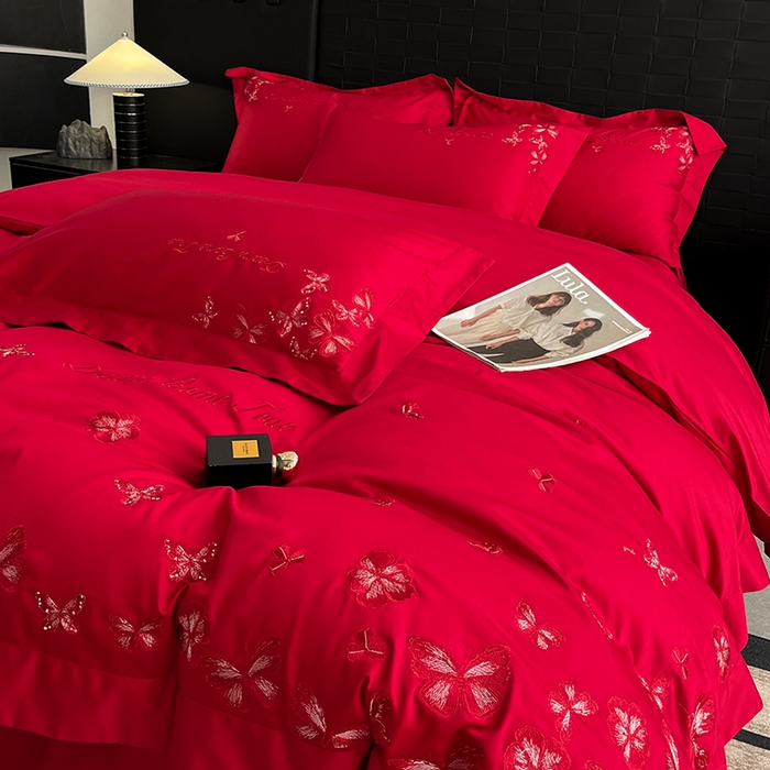 91家纺网 家纺一手货源 找家纺 置顶家纺 2025新款亲肤婚庆绣花四件套-花不尽 花不尽-大红