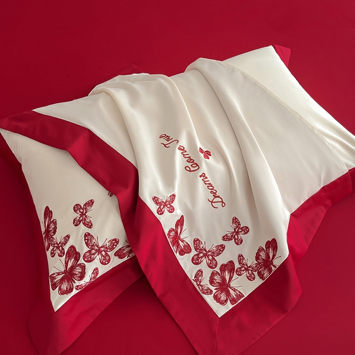 91家纺网 家纺一手货源 找家纺 置顶家纺 2025新款亲肤婚庆绣花四件套-花不尽 花不尽-奶白+大红