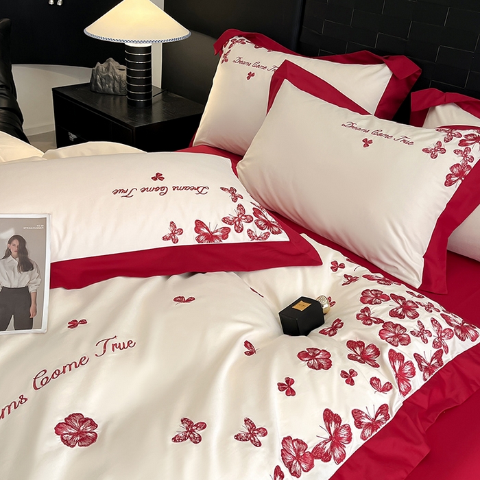 91家纺网 家纺一手货源 找家纺 置顶家纺 2025新款亲肤婚庆绣花四件套-花不尽 花不尽-奶白+大红