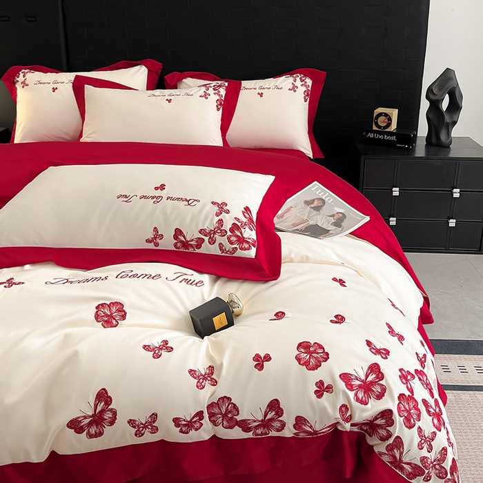 91家纺网 家纺一手货源 找家纺 置顶家纺 2025新款亲肤婚庆绣花四件套-花不尽 花不尽-奶白+大红