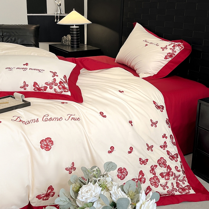 91家纺网 家纺一手货源 找家纺 置顶家纺 2025新款亲肤婚庆绣花四件套-花不尽 花不尽-奶白+大红