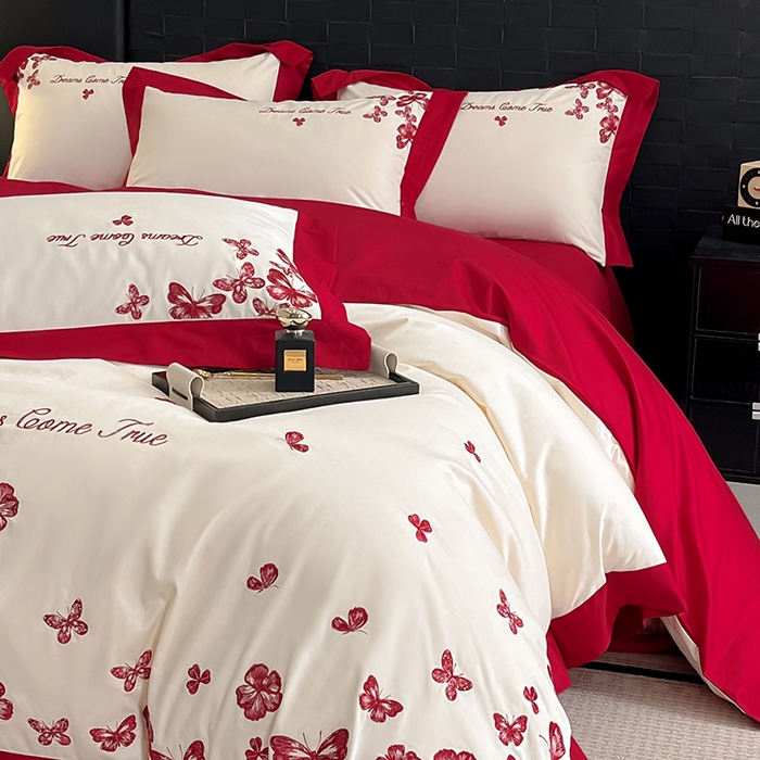 91家纺网 家纺一手货源 找家纺 置顶家纺 2025新款亲肤婚庆绣花四件套-花不尽 花不尽-奶白+大红