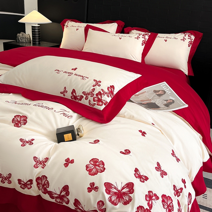 91家纺网 家纺一手货源 找家纺 置顶家纺 2025新款亲肤婚庆绣花四件套-花不尽 花不尽-奶白+大红