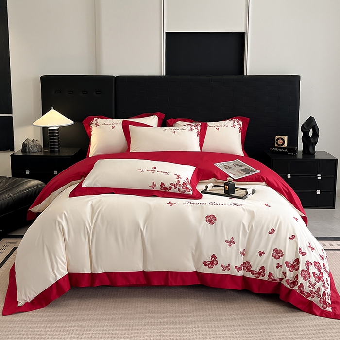 91家纺网 家纺一手货源 找家纺 置顶家纺 2025新款亲肤婚庆绣花四件套-花不尽 花不尽-奶白+大红