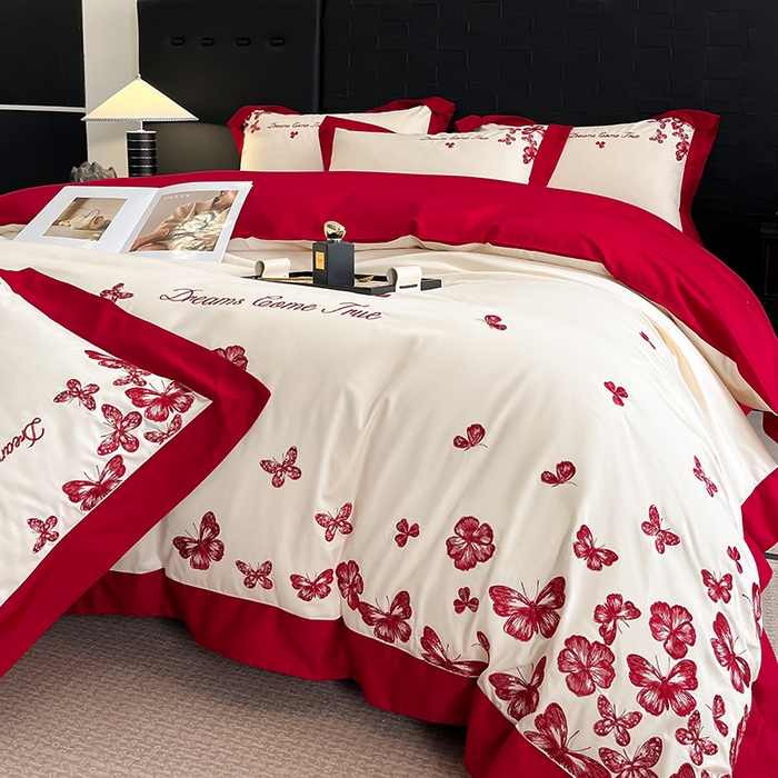 91家纺网 家纺一手货源 找家纺 置顶家纺 2025新款亲肤婚庆绣花四件套-花不尽 花不尽-奶白+大红