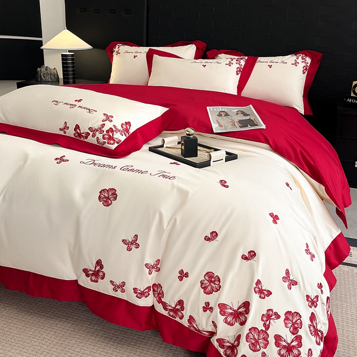 91家纺网 家纺一手货源 找家纺 置顶家纺 2025新款亲肤婚庆绣花四件套-花不尽 花不尽-奶白+大红