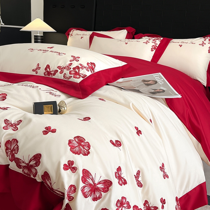 91家纺网 家纺一手货源 找家纺 置顶家纺 2025新款亲肤婚庆绣花四件套-花不尽 花不尽-奶白+大红