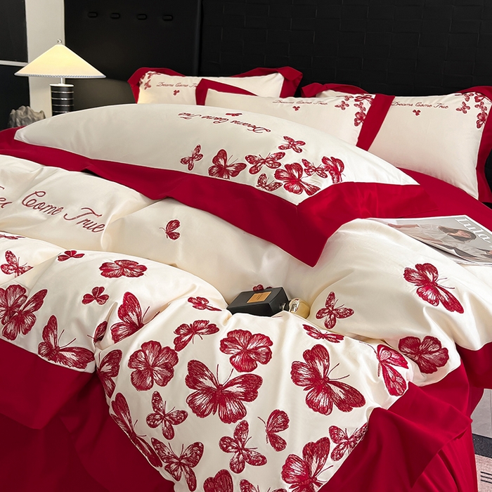 91家纺网 家纺一手货源 找家纺 置顶家纺 2025新款亲肤婚庆绣花四件套-花不尽 花不尽-奶白+大红