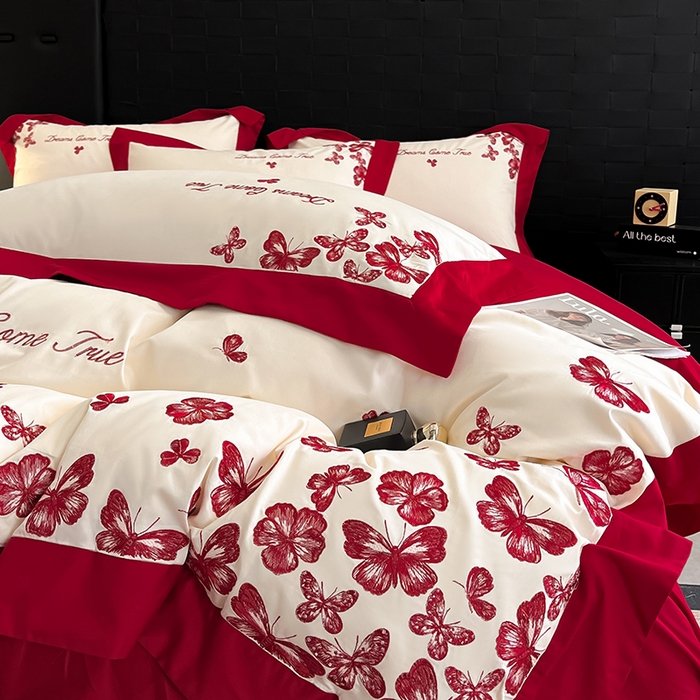 91家纺网 家纺一手货源 找家纺 置顶家纺 2025新款亲肤婚庆绣花四件套-花不尽 花不尽-奶白+大红