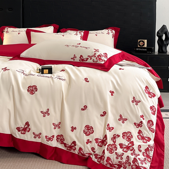 91家纺网 家纺一手货源 找家纺 置顶家纺 2025新款亲肤婚庆绣花四件套-花不尽 花不尽-奶白+大红