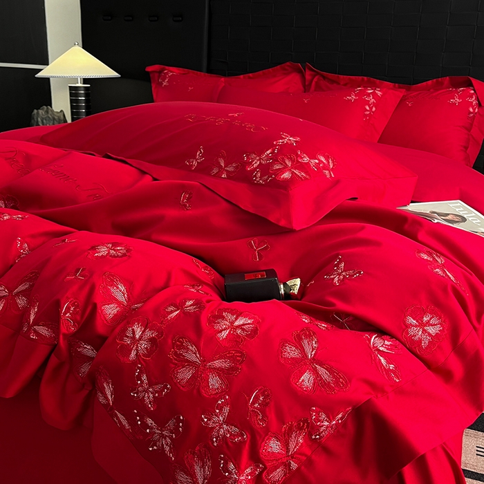 91家纺网 家纺一手货源 找家纺 置顶家纺 2025新款亲肤婚庆绣花四件套-花不尽 花不尽-大红