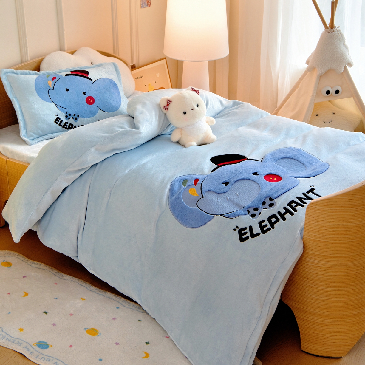 91家纺网 家纺一手货源 找家纺 梵赫 2025新款加厚大版原创数码印花幼儿园儿童枕套 大象先生