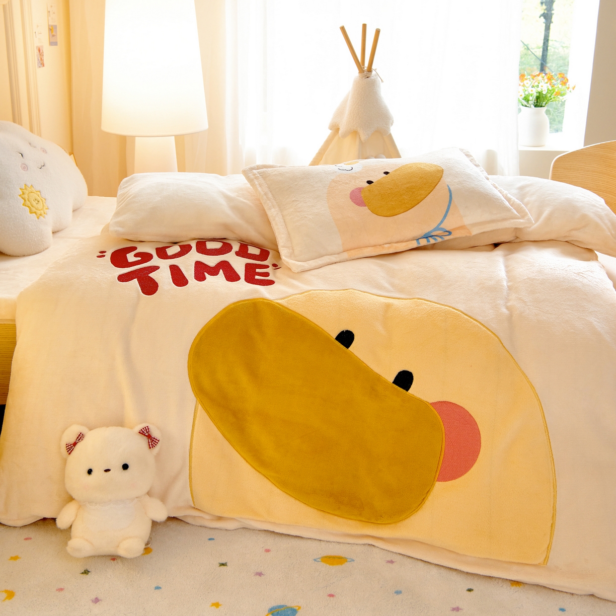 91家纺网 家纺一手货源 找家纺 梵赫 2025新款加厚大版原创数码印花幼儿园儿童枕套 可爱小鸭