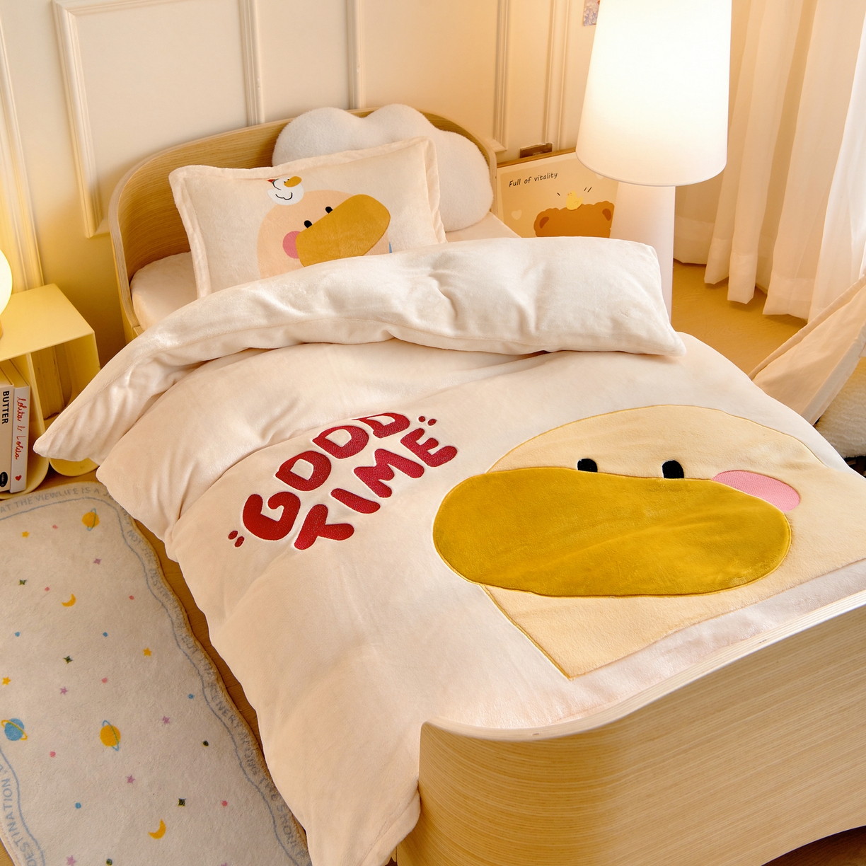 91家纺网 家纺一手货源 找家纺 梵赫 2025新款加厚大版原创数码印花幼儿园儿童枕套 可爱小鸭