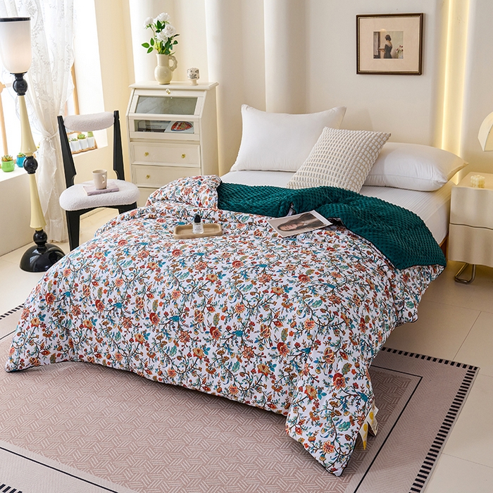 91家纺网 家纺一手货源 找家纺 小鱼儿家纺 2025新款全棉豆豆被冬被被子 花娇百媚-墨绿