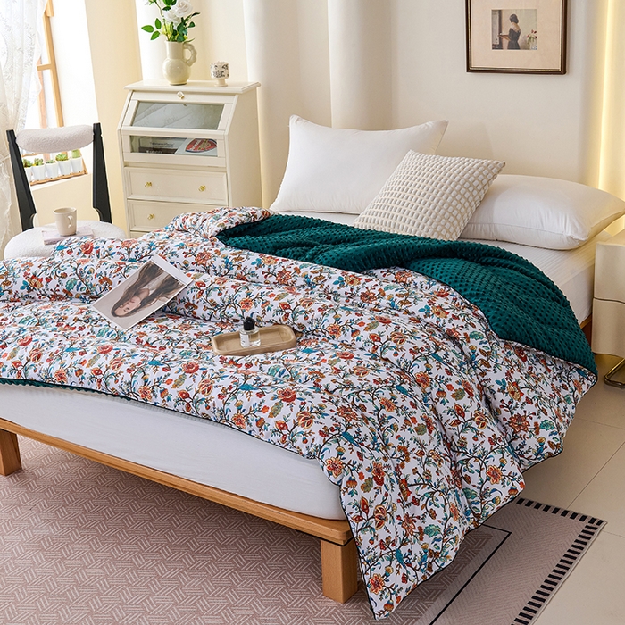 小鱼儿家纺 2025新款全棉豆豆被冬被被子 花娇百媚-墨绿