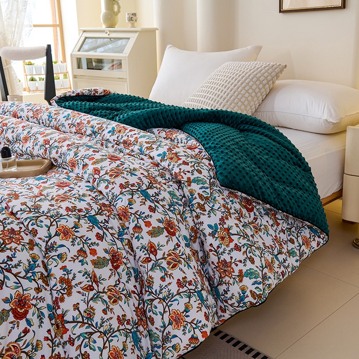 91家纺网 家纺一手货源 找家纺 小鱼儿家纺 2025新款全棉豆豆被冬被被子 花娇百媚-墨绿