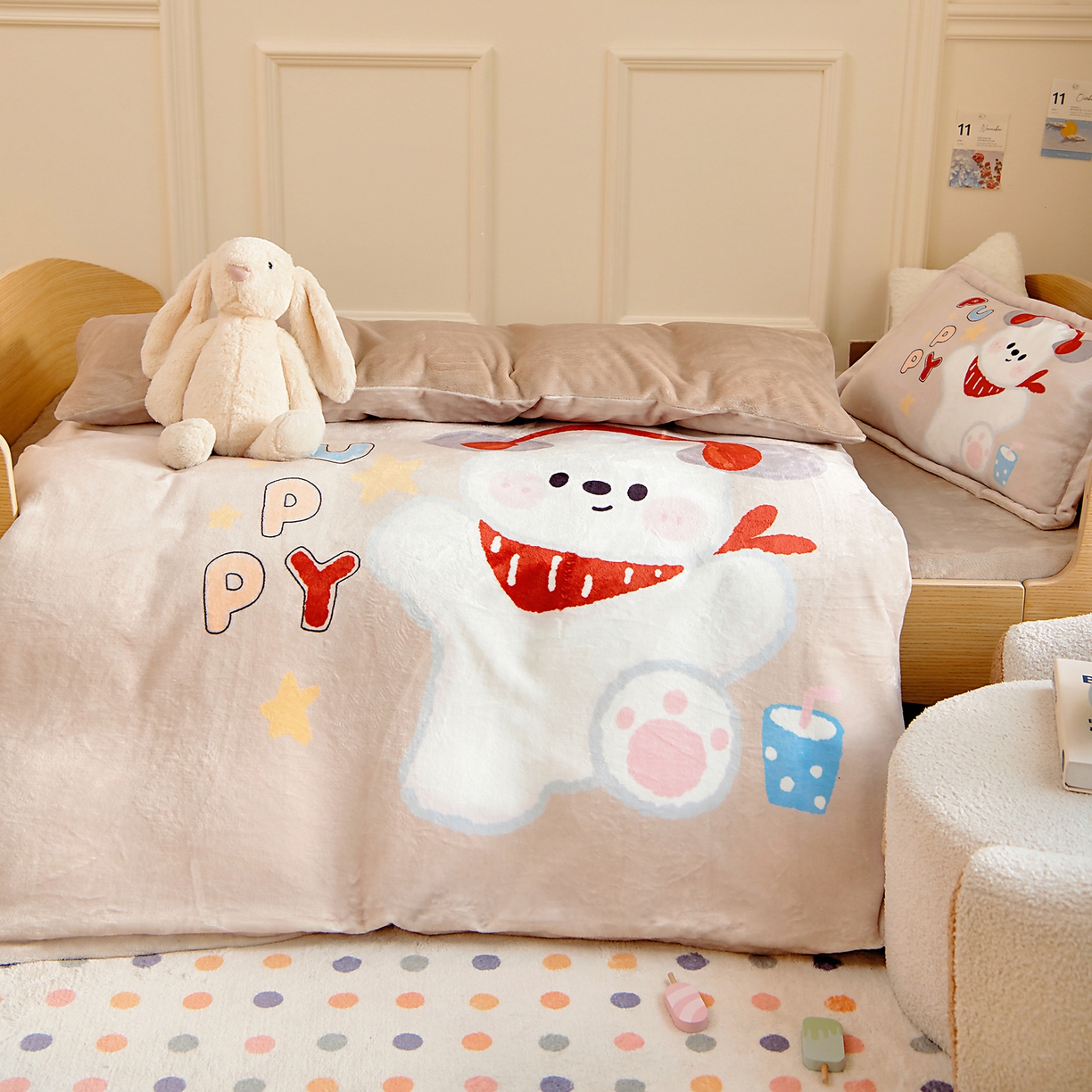 91家纺网 家纺一手货源 找家纺 梵赫 2025新款加厚大版原创数码印花幼儿园儿童枕套 音乐小狗