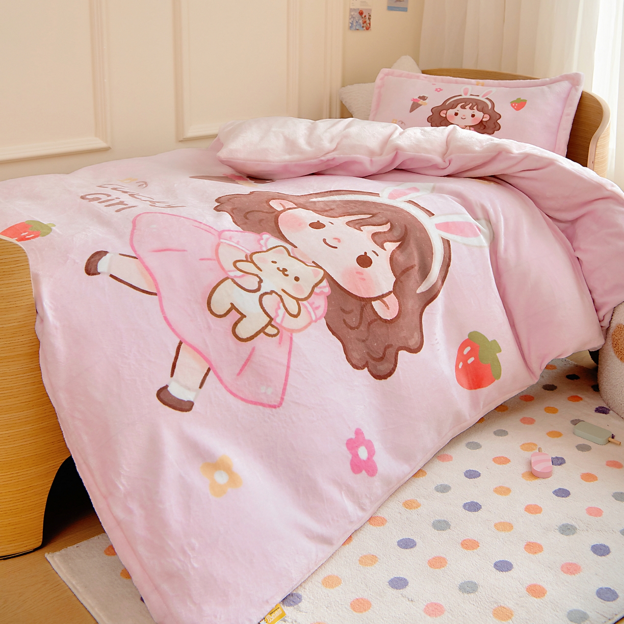 91家纺网 家纺一手货源 找家纺 梵赫 2025新款加厚大版原创数码印花幼儿园儿童枕套 可爱小女孩