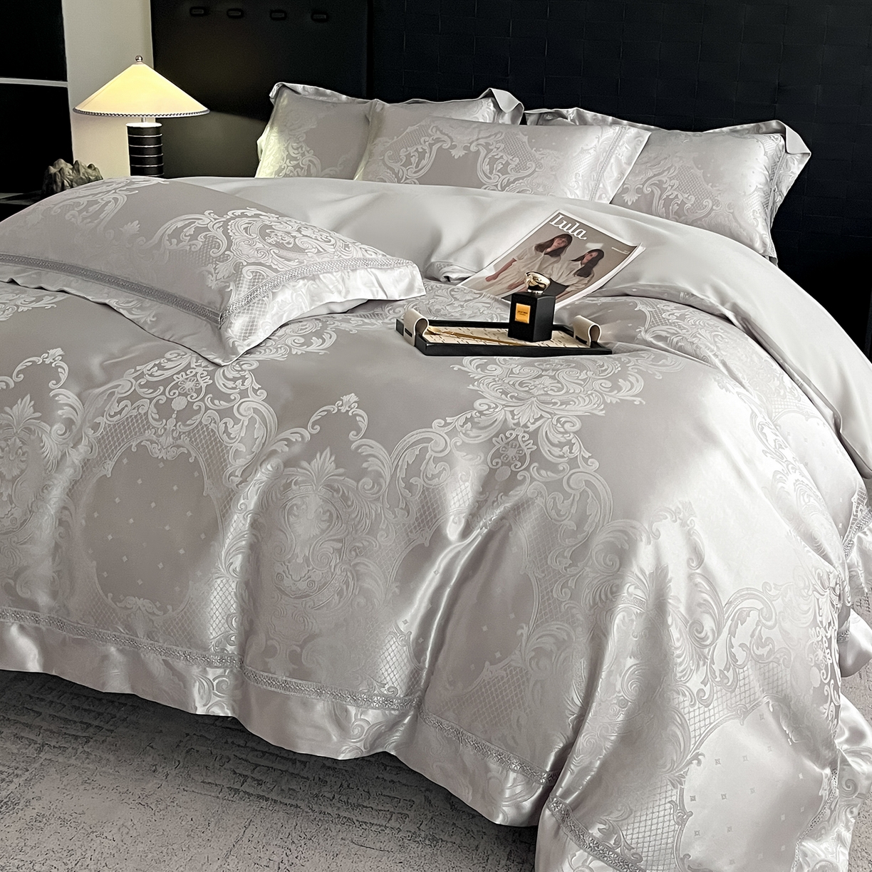 91家纺网 家纺一手货源 找家纺 置顶家纺 2025新款维纳斯系列亲肤提花四件套-实拍 维纳斯-山灰