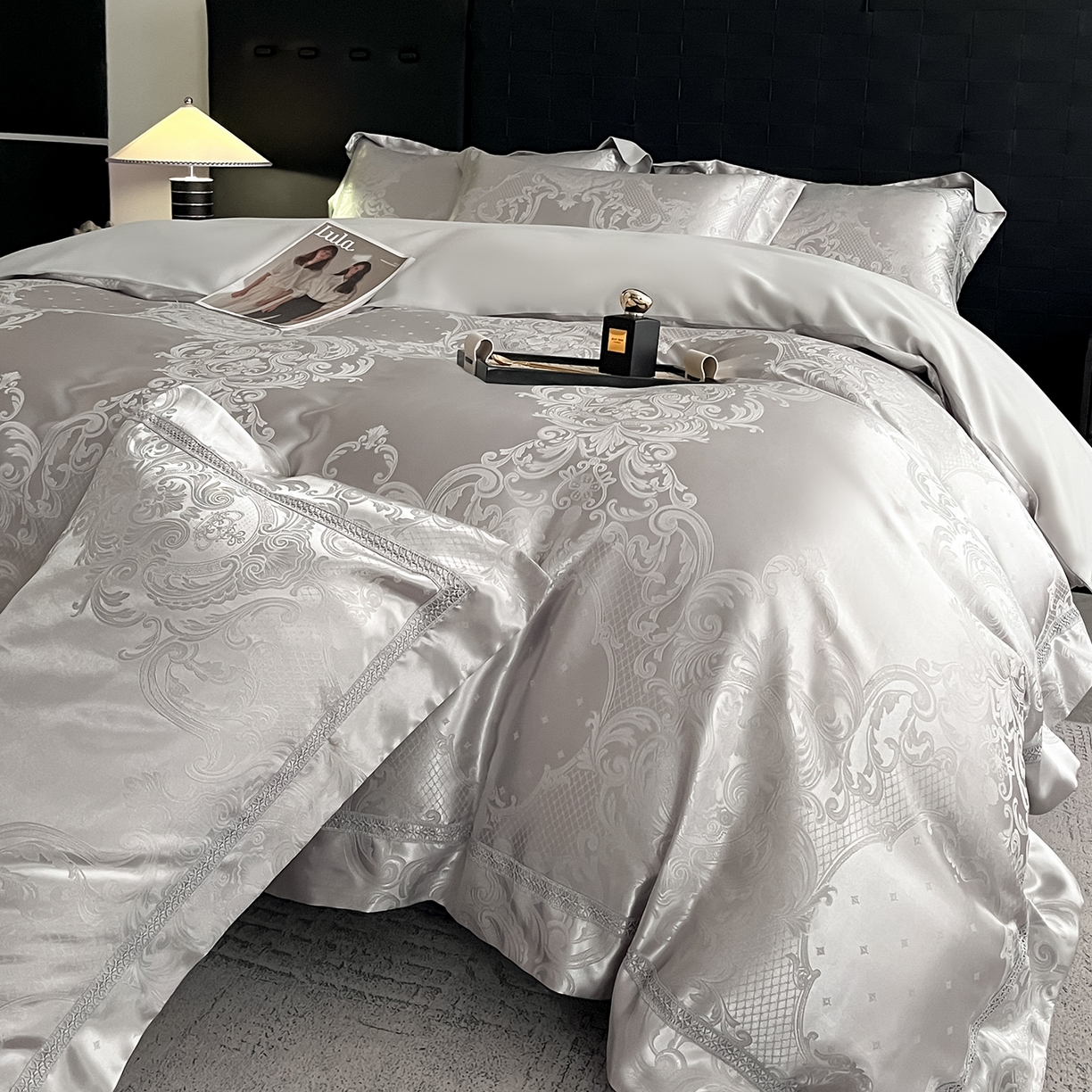 91家纺网 家纺一手货源 找家纺 置顶家纺 2025新款维纳斯系列亲肤提花四件套-实拍 维纳斯-山灰